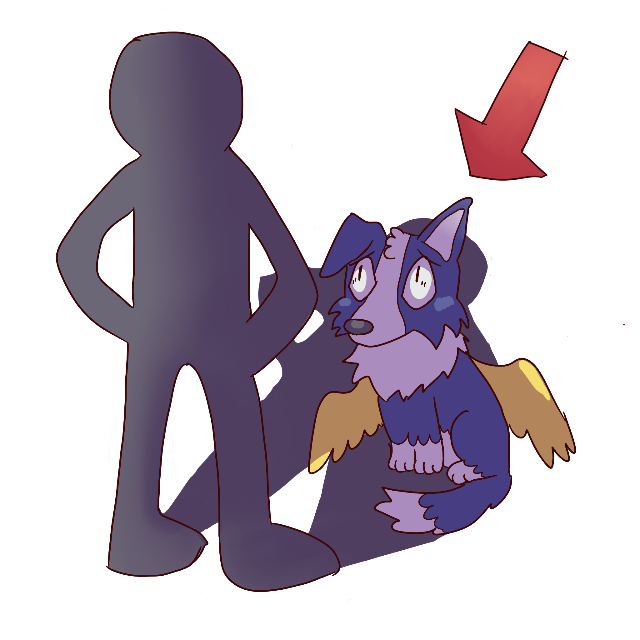 A simplistic yellow human figure towering over  a frightened winged border collie dog with a red arrow pointing to them. 
The human stands with their hands on their hips, casting a shadow onto the dog, who sits with widened eyes with small pupils and their tail down.